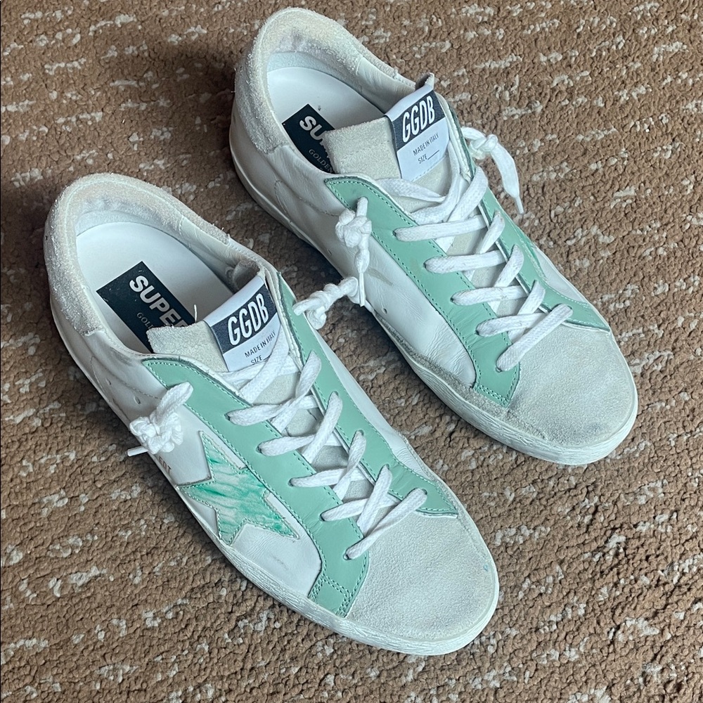 Golden Goose White and Light Green Sneakers